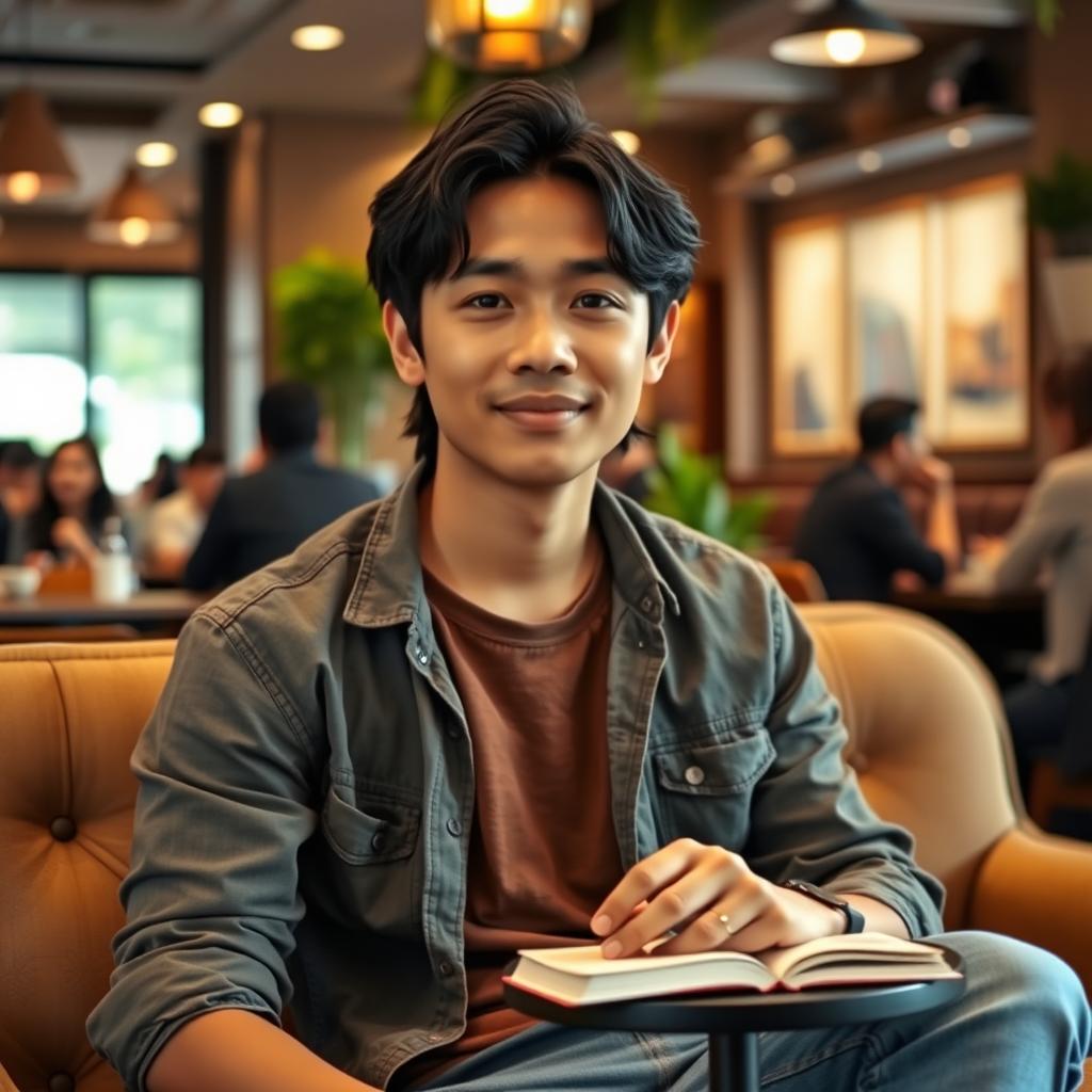 A 28-year-old Indonesian man wearing casual clothing, seated on a cafe sofa, facing directly forward