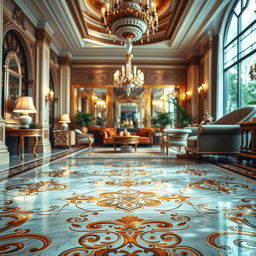 A luxurious floor with an ornate design, featuring intricate patterns and a shiny, polished surface