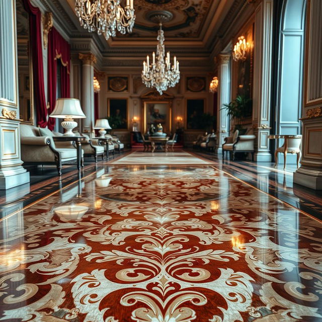 A luxurious floor with an ornate design, featuring intricate patterns and a shiny, polished surface