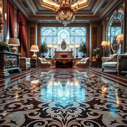 A luxurious floor with an ornate design, featuring intricate patterns and a shiny, polished surface