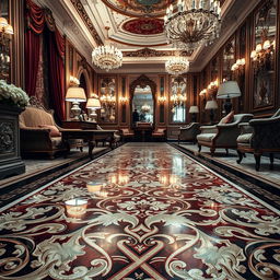 A luxurious floor with an ornate design, featuring intricate patterns and a shiny, polished surface
