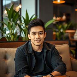A 28-year-old Indonesian man sitting casually on a cafe sofa, dressed in stylish casual clothing, facing straight ahead with a relaxed posture