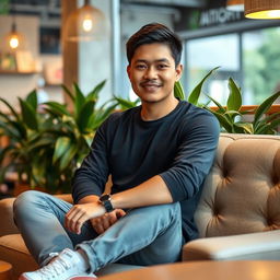 A 28-year-old Indonesian man sitting casually on a cafe sofa, dressed in stylish casual clothing, facing straight ahead with a relaxed posture