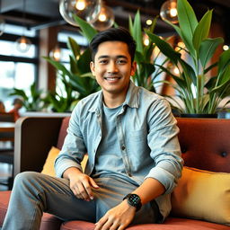 A 28-year-old Indonesian man sitting casually on a cafe sofa, dressed in stylish casual clothing, facing straight ahead with a relaxed posture