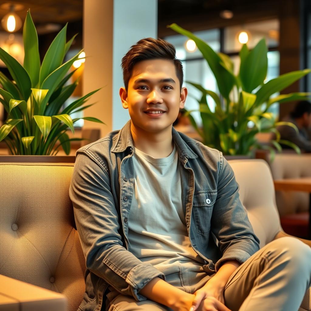 A 28-year-old Indonesian man sitting casually on a cafe sofa, dressed in stylish casual clothing, facing straight ahead with a relaxed posture