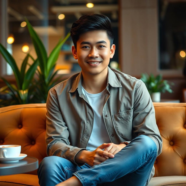 A 28 year old Indonesian man wearing a casual outfit, sitting comfortably on a cafe sofa, facing directly forward