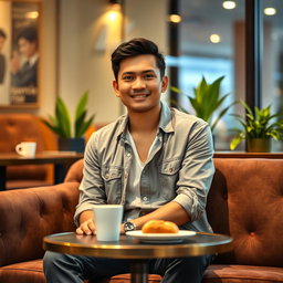 A 28 year old Indonesian man wearing a casual outfit, sitting comfortably on a cafe sofa, facing directly forward