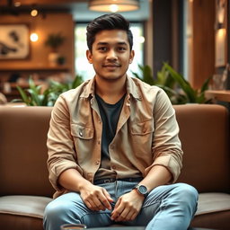 A 28 year old Indonesian man wearing a casual outfit, sitting comfortably on a cafe sofa, facing directly forward