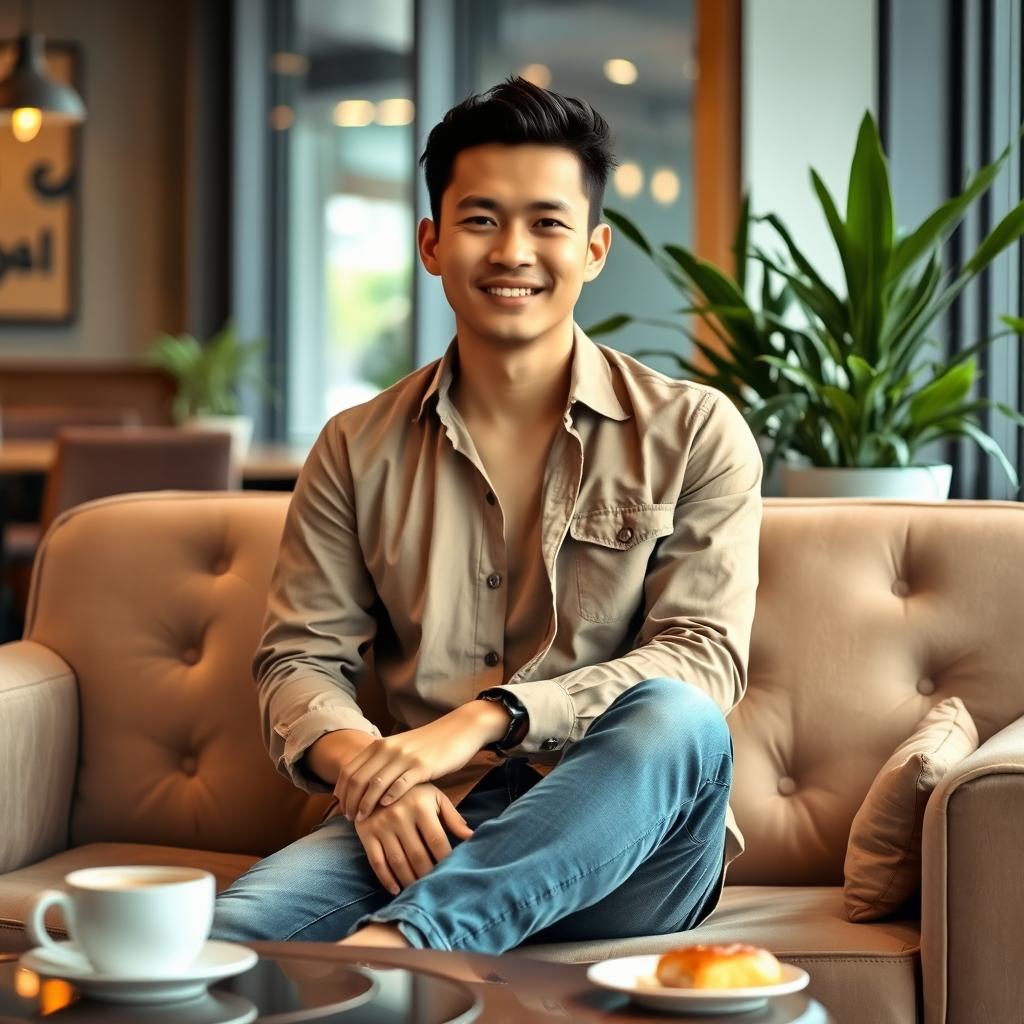 A 28 year old Indonesian man wearing a casual outfit, sitting comfortably on a cafe sofa, facing directly forward