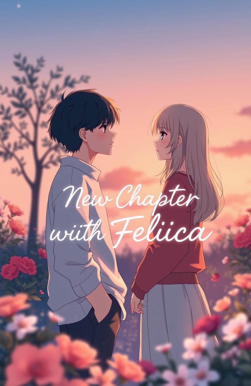 A romantic anime-style novel cover featuring a boy and girl in a simple garden at twilight, surrounded by soft, muted shades of blue, red, and yellow blending harmoniously