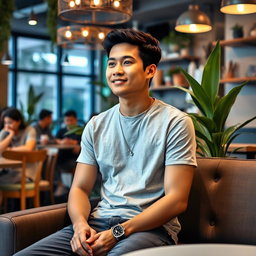 A 28-year-old Indonesian man dressed in casual clothing, sitting on a sofa in a cozy café, facing straight ahead