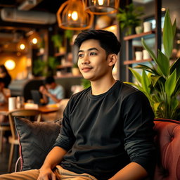 A 28-year-old Indonesian man dressed in casual clothing, sitting on a sofa in a cozy café, facing straight ahead