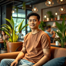 A 28-year-old Indonesian man dressed in casual clothing, sitting on a sofa in a cozy café, facing straight ahead