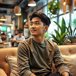 A 28-year-old Indonesian man dressed in casual clothing, sitting on a sofa in a cozy café, facing straight ahead