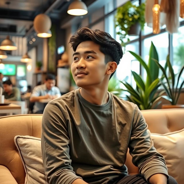 A 28-year-old Indonesian man dressed in casual clothing, sitting on a sofa in a cozy café, facing straight ahead