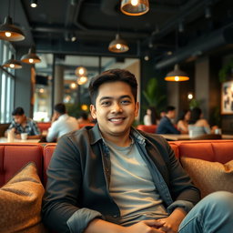 A 28-year-old Indonesian man dressed in casual attire, sitting comfortably on a sofa in a café, facing straight ahead