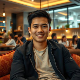 A 28-year-old Indonesian man dressed in casual attire, sitting comfortably on a sofa in a café, facing straight ahead