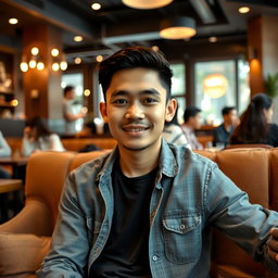 A 28-year-old Indonesian man dressed in casual attire, sitting comfortably on a sofa in a café, facing straight ahead