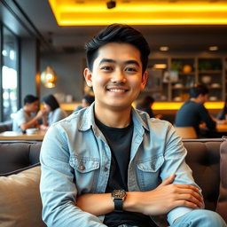 A 28-year-old Indonesian man dressed in casual attire, sitting comfortably on a sofa in a café, facing straight ahead