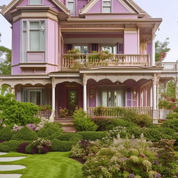 A stately Victorian style house with intricate detailing, a colorful painted exterior, and a lush, manicured garden in front