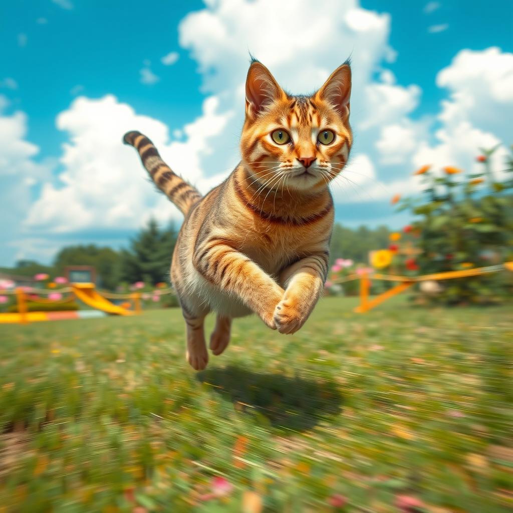 A dynamic and energetic cat captured mid-run, with its fur slightly fluffed up as it sprints across a grassy landscape
