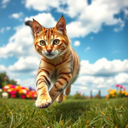 A dynamic and energetic cat captured mid-run, with its fur slightly fluffed up as it sprints across a grassy landscape