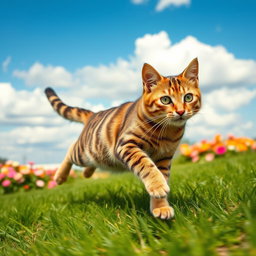 A dynamic and energetic cat captured mid-run, with its fur slightly fluffed up as it sprints across a grassy landscape