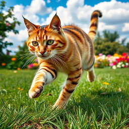 A dynamic and energetic cat captured mid-run, with its fur slightly fluffed up as it sprints across a grassy landscape