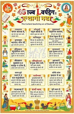 A colorful and visually engaging illustration of the '48 Laws of Power' inspired by the teachings of Bhaskar, written in Hindi