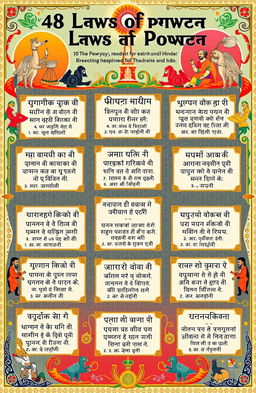 A colorful and visually engaging illustration of the '48 Laws of Power' inspired by the teachings of Bhaskar, written in Hindi