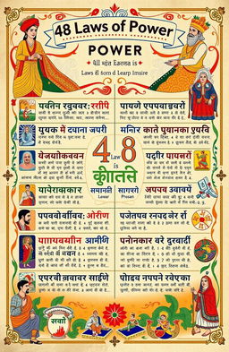A colorful and visually engaging illustration of the '48 Laws of Power' inspired by the teachings of Bhaskar, written in Hindi