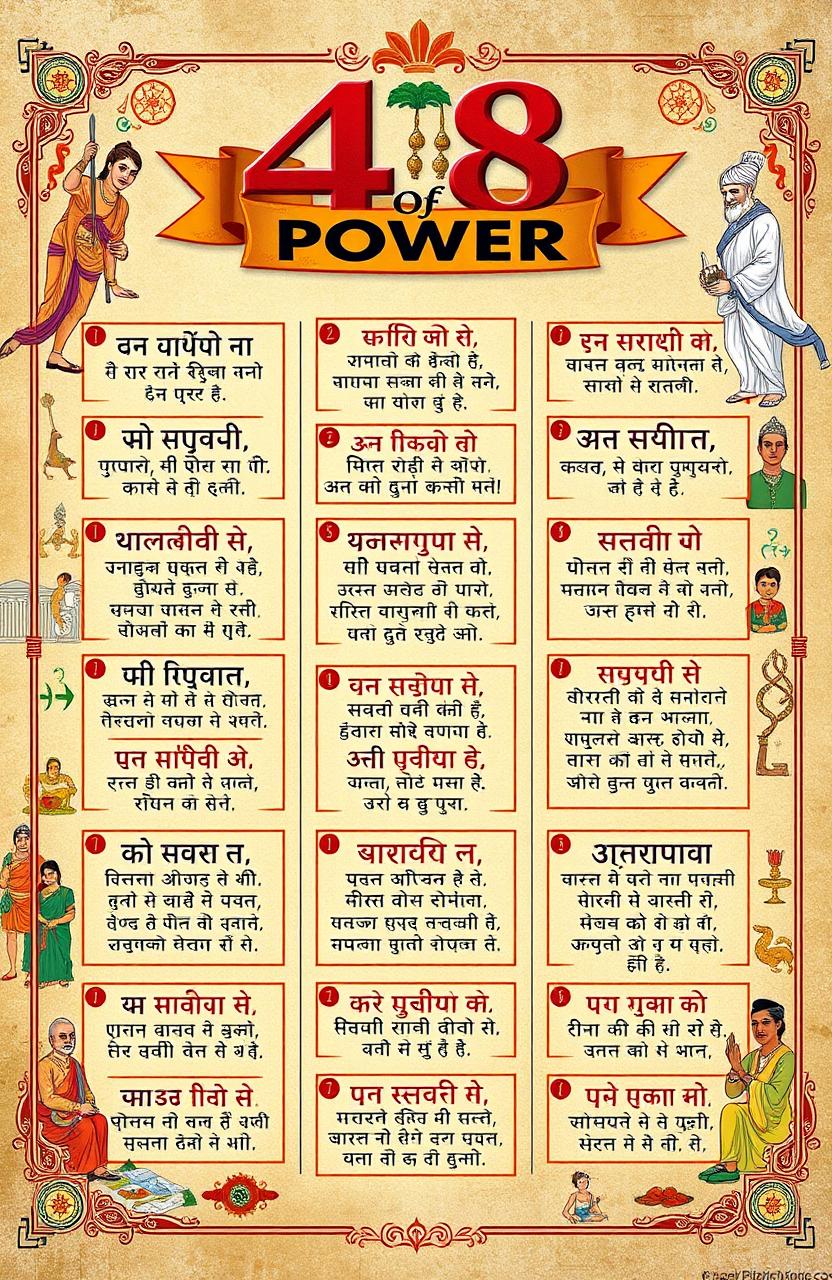 A colorful and visually engaging illustration of the '48 Laws of Power' inspired by the teachings of Bhaskar, written in Hindi