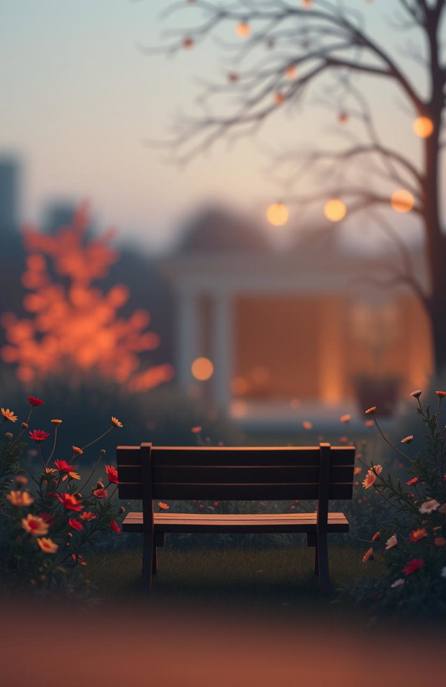 A minimalistic anime-style back cover for a romantic novel, featuring a serene twilight garden atmosphere