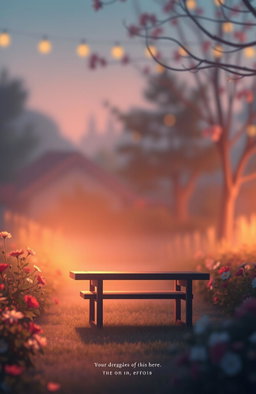 A minimalistic anime-style back cover for a romantic novel, featuring a serene twilight garden atmosphere