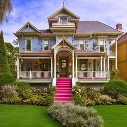 A stately Victorian style house with intricate detailing, a colorful painted exterior, and a lush, manicured garden in front