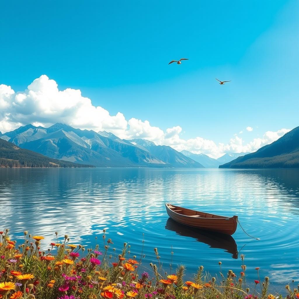 A serene landscape featuring a tranquil lake surrounded by majestic mountains under a clear blue sky, with fluffy white clouds floating peacefully