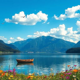 A serene landscape featuring a tranquil lake surrounded by majestic mountains under a clear blue sky, with fluffy white clouds floating peacefully