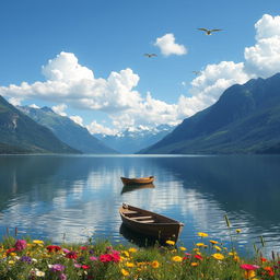 A serene landscape featuring a tranquil lake surrounded by majestic mountains under a clear blue sky, with fluffy white clouds floating peacefully