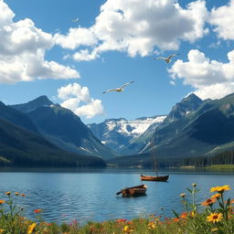 A serene landscape featuring a tranquil lake surrounded by majestic mountains under a clear blue sky, with fluffy white clouds floating peacefully