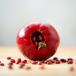 A close-up shot of a ripe pomegranate fruit, showcasing its vibrant red and glossy skin, with a few seeds partially visible through a small opening