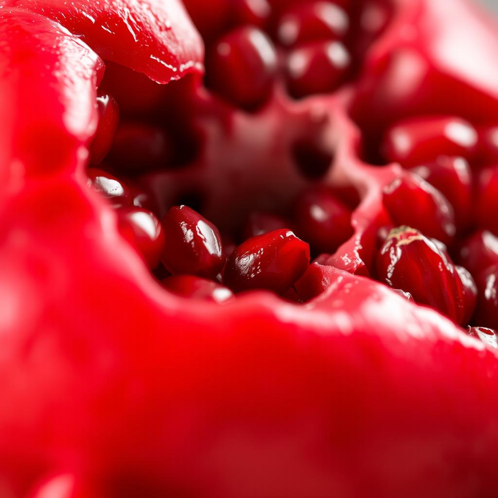 A close-up shot of a ripe pomegranate fruit, showcasing its vibrant red and glossy skin, with a few seeds partially visible through a small opening