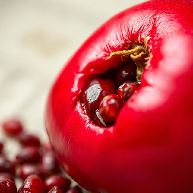 A close-up shot of a ripe pomegranate fruit, showcasing its vibrant red and glossy skin, with a few seeds partially visible through a small opening