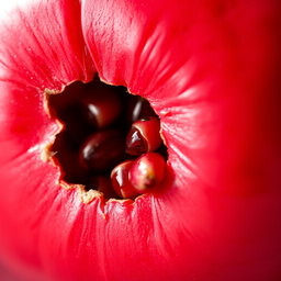 A close-up shot of a ripe pomegranate fruit, showcasing its vibrant red and glossy skin, with a few seeds partially visible through a small opening