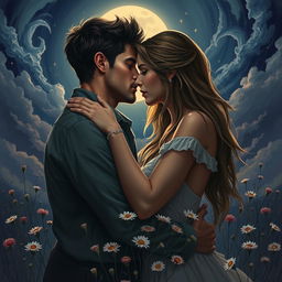 An intense scene depicting obsessive love, showcasing two people in a passionate embrace under moonlight, with wildflowers surrounding them