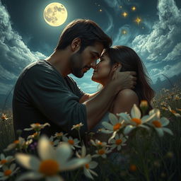 An intense scene depicting obsessive love, showcasing two people in a passionate embrace under moonlight, with wildflowers surrounding them