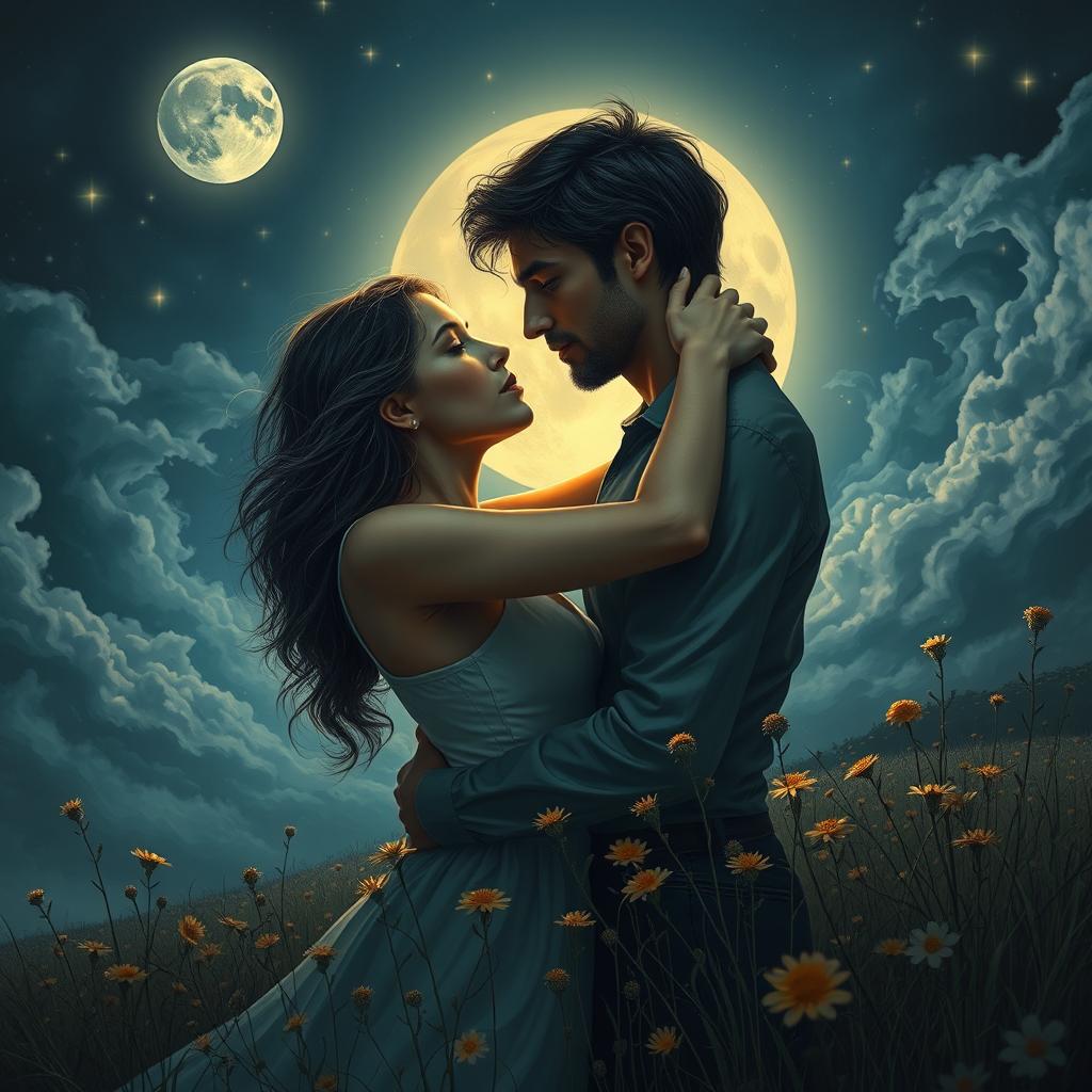 An intense scene depicting obsessive love, showcasing two people in a passionate embrace under moonlight, with wildflowers surrounding them
