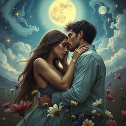 An intense scene depicting obsessive love, showcasing two people in a passionate embrace under moonlight, with wildflowers surrounding them