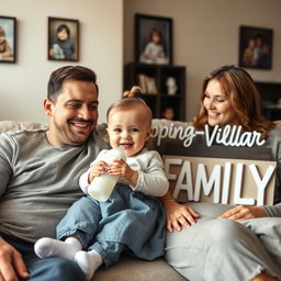 A realistic family photo featuring a father and mother along with their one-year-old baby girl