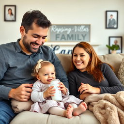 A realistic family photo featuring a father and mother along with their one-year-old baby girl