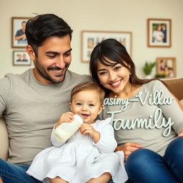 A realistic family photo featuring a father and mother along with their one-year-old baby girl